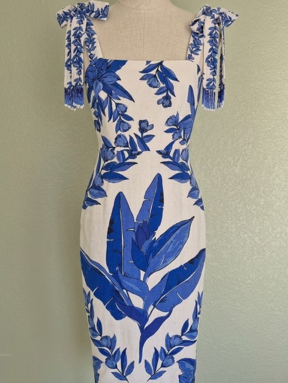Calypso St. Barth White Midi Dress with Blue Botanical Print and Tie Shoulders